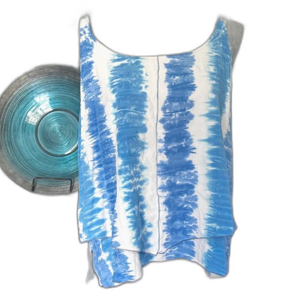 Lost River Clothing CoBlue & White Tie-Dye Layered Tank 100% Rayon Boho Top L